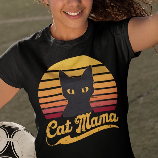 猫ママのサンセットシルエットと黒猫 Tシャツ