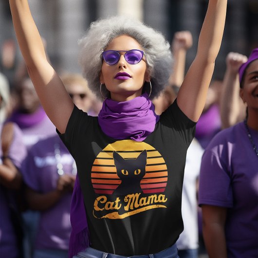 猫ママのサンセットシルエットと黒猫 Tシャツ