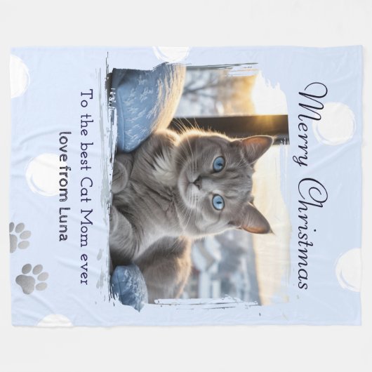 猫ママパーソナライズされたペット写真クリスマス フリースブランケット (正面(横))