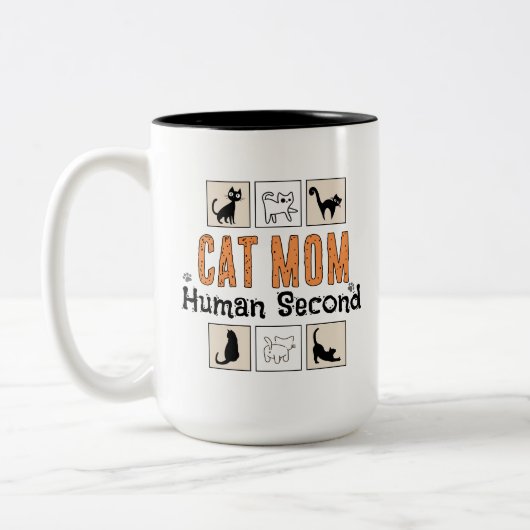 猫ママ人間二番目 楽しい 猫好き ホワイト ツートーンマグカップ (左)