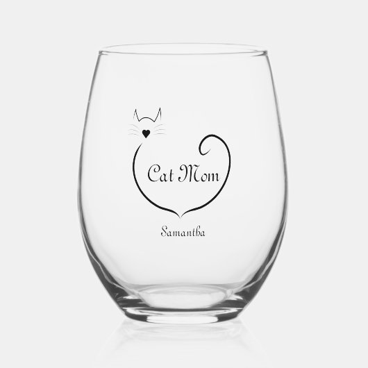 猫ママ形と黒パーソナライズされた本が大好き ステムなしワイングラス (正面)