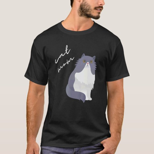 猫ママ 白とグレー ペルシャ猫 Tシャツ (正面)