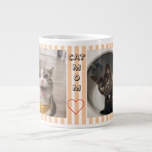猫ママ 2枚の写真入りストライプパステルカラー ジャンボコーヒーマグカップ (正面)