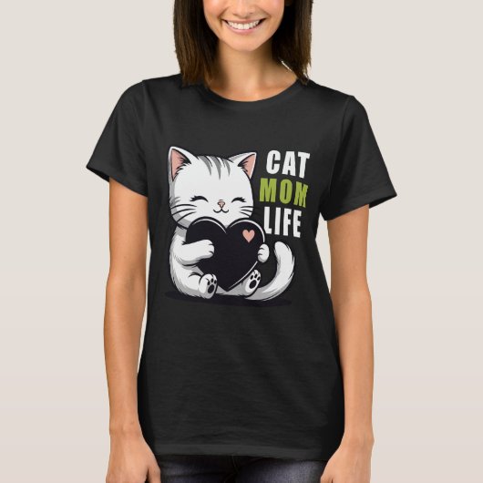 猫マムライフ - かわいい白猫がハートを抱えたデザイン Tシャツ (正面)