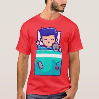 猫マンガと寝るかわいい男の子 Tシャツ