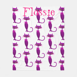 猫ミッドセンチュリー可愛い紫ガーリーがかったピンクの白 フリースブランケット