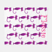 猫ミッドセンチュリー可愛い紫ガーリーがかったピンクの白 フリースブランケット (正面(横))