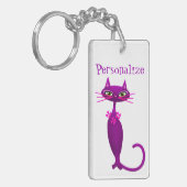 猫ミッドセンチュリー可愛い紫ガーリーがかったピンク キーホルダー (正面左)