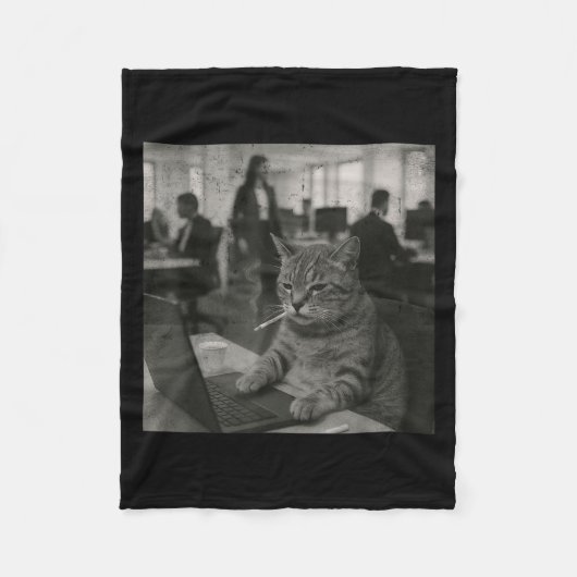 猫ミームおもしろい喫煙タバコの仕事用ユーモア フリースブランケット (正面)