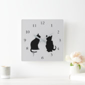 猫モダンのシルエット、グレーの背景のペット スクエア壁時計 (ホーム)