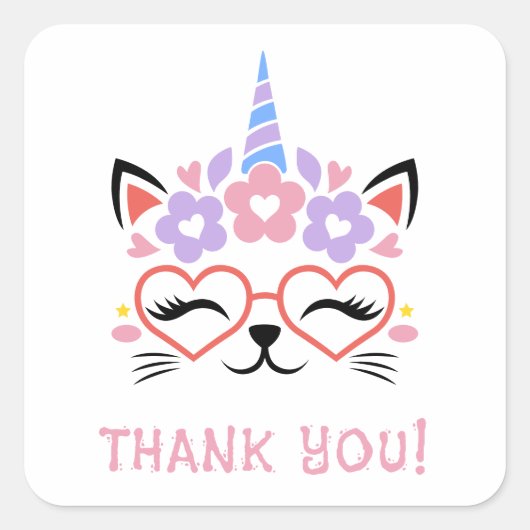 猫ユニコーンありがとうピンクパープルブルーかわいいおもしろい スクエアシール (正面)