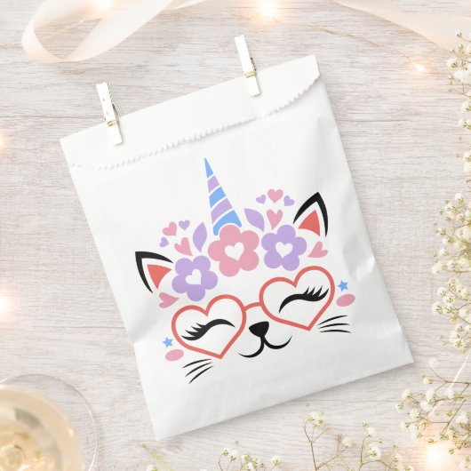 猫ユニコーンかわいいピンク紫の女の子の誕生日パーティー フェイバーバッグ (クリップ留めされた状態)