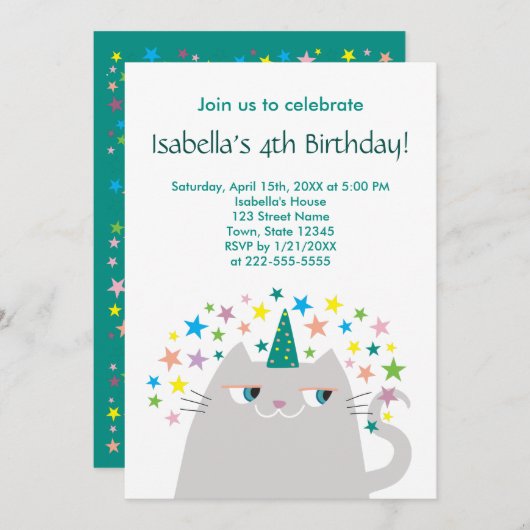 猫ユニコーンかわいい女の子の誕生日 招待状 (正面/裏面)