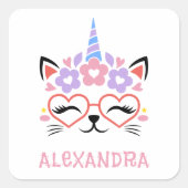 猫ユニコーンネームテンプレートピンクパープルブルーかわいい スクエアシール (正面)