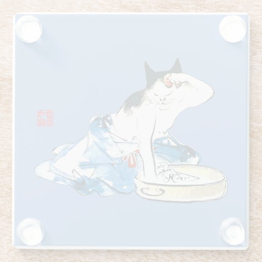 猫ユーモアのある日本の入浴II ガラスコースター (裏面)