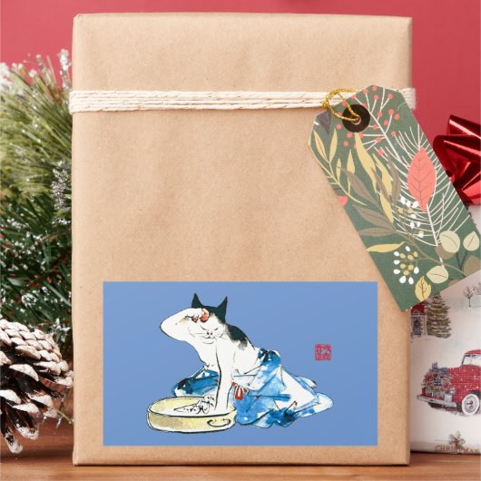 猫ユーモアのある日本の入浴II 長方形シール (クリスマス)