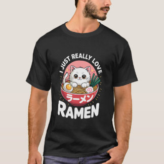 猫ラーメンすすりセッション楽しい食品動物デザイン Tシャツ