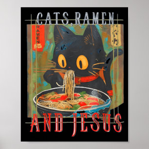 猫ラーメンとイエス キリスト教の猫の面白いデザイン ポスター