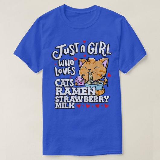 猫ラーメンとストロベリーミが大好きな女の子 Tシャツ (デザイン正面)