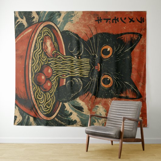 猫ラーメン日本のグラフィックおもしろいかわいい猫アニメ タペストリー (インサイチュ(横))