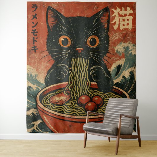 猫ラーメン日本のグラフィックおもしろいかわいい猫アニメ タペストリー (インサイチュ)