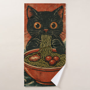 猫ラーメン日本のグラフィックおもしろいかわいい猫アニメ バスタオル