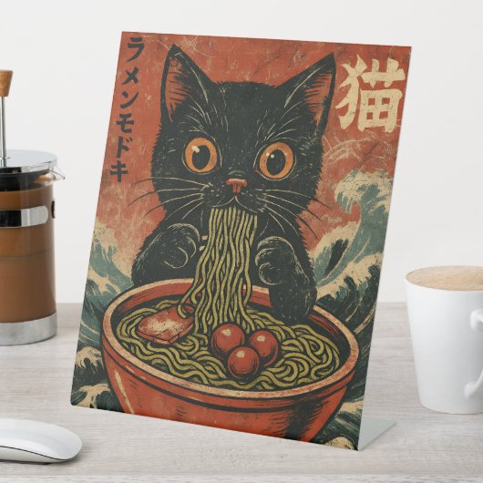 猫ラーメン日本のグラフィックおもしろいかわいい猫アニメ 台座サイン (インサイチュ)
