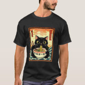 猫ラーメン日本のグラフィックおもしろいかわいい猫アニメ Tシャツ (正面)