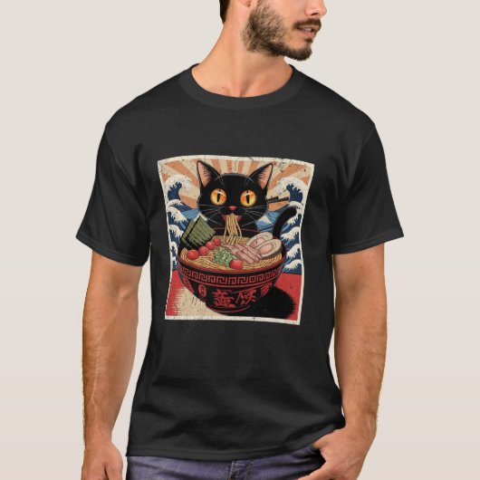 猫ラーメン日本のグラフィックおもしろいティーかわいい猫A Tシャツ (正面)