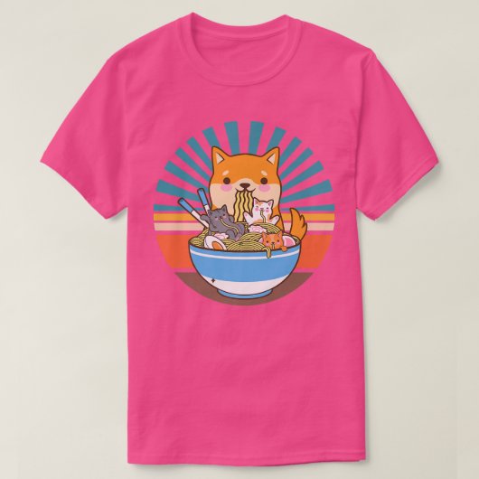 猫ラーメン犬柴犬日本のかわいいかわいいアニメ Tシャツ (デザイン正面)