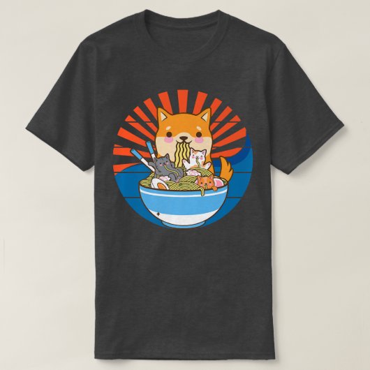猫ラーメン犬柴犬日本のかわいいかわいいアニメ Tシャツ (デザイン正面)