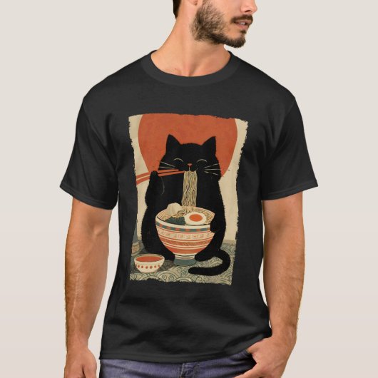 猫ラーメン美学日本浮世絵アートアニメ Tシャツ (正面)