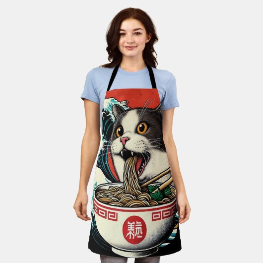 猫ラーメン 和風アート レトロスタイル エプロン (着用した状態)