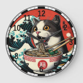 猫ラーメン 和風アート レトロスタイル ラージ壁時計 (正面)