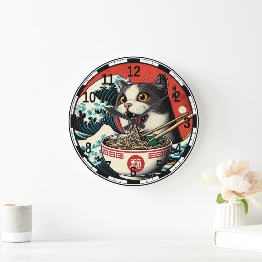 猫ラーメン 和風アート レトロスタイル ラージ壁時計 (ホーム)