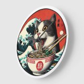 猫ラーメン 和風アート レトロスタイル ラージ壁時計 (傾斜)