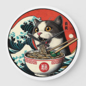 猫ラーメン 和風アート レトロスタイル ラージ壁時計 (正面)