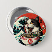 猫ラーメン 和風アート レトロスタイル 缶バッジ (正面&裏面)