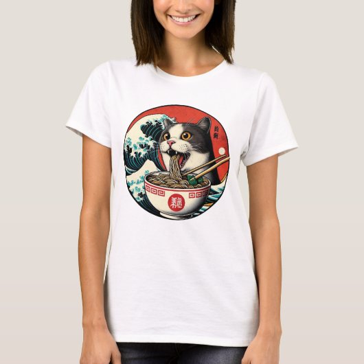 猫ラーメン 和風アート レトロスタイル Tシャツ (正面)
