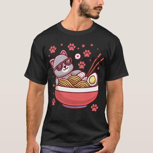 猫ラーメン 和風 かわいい 面白い Tシャツ (正面)