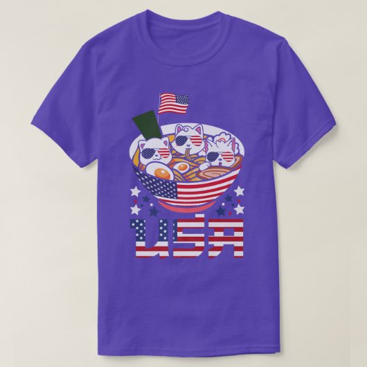 猫ラーメンANIME AMERICAN FLAG USA 7月4日 Tシャツ (デザイン正面)