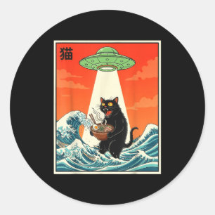 猫ラーメンUFO 楽しい 日本のアニメTシャツ メンズ レディース ラウンドシール