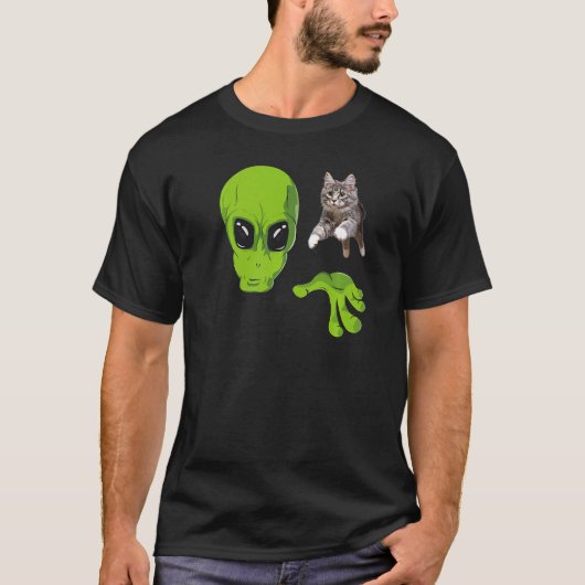 猫レトロおもしろいエイリアンUFOプレミアム Tシャツ (正面)