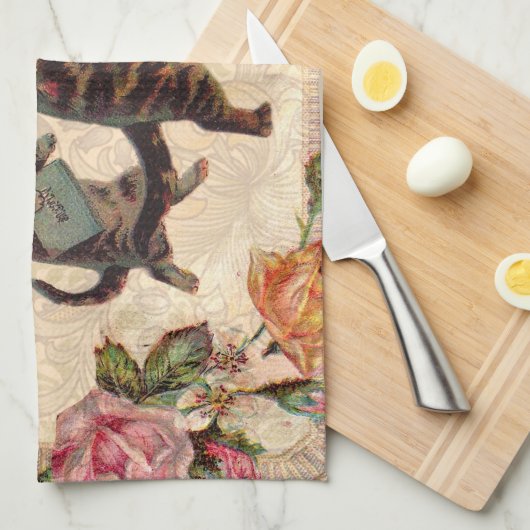 猫ヴィンテージかわいらしアンティーク子猫 キッチンタオル (四つ折り)