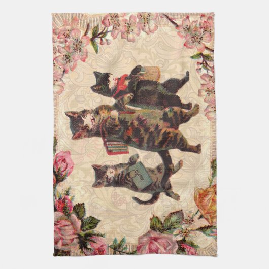 猫ヴィンテージかわいらしアンティーク子猫 キッチンタオル (縦)