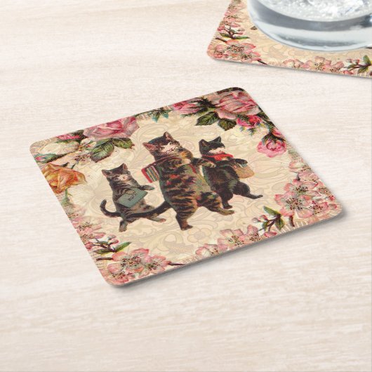 猫ヴィンテージかわいらしアンティーク子猫 スクエアペーパーコースター (アングル)