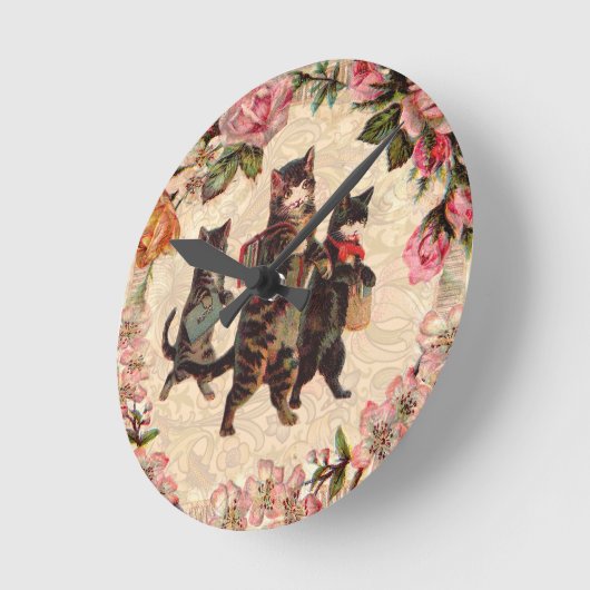 猫ヴィンテージかわいらしアンティーク子猫 ラウンド壁時計 (傾斜)