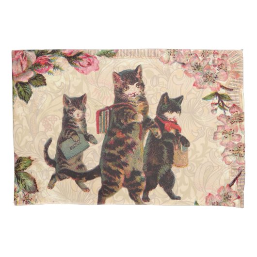 猫ヴィンテージかわいらしアンティーク子猫 枕カバー (正面)
