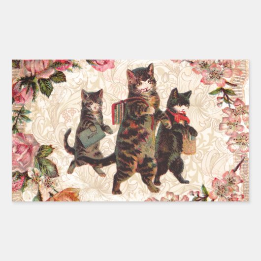 猫ヴィンテージかわいらしアンティーク子猫 長方形シール (正面)