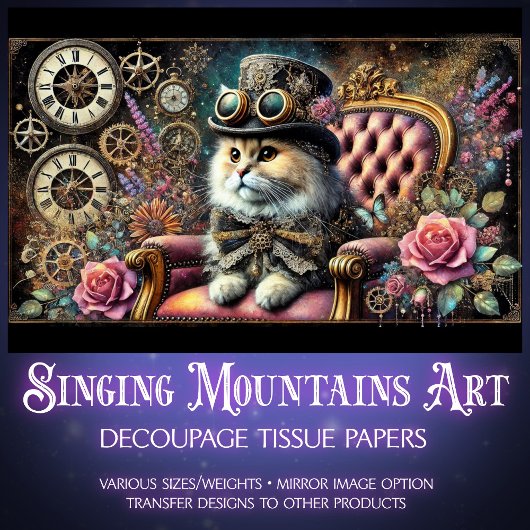 猫ヴィンテージビクトリアン花時計デコパージュ 薄葉紙